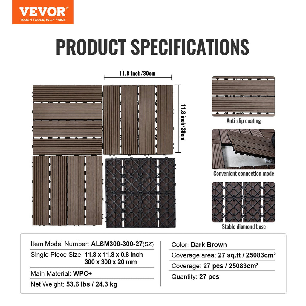 Dark brown deck tile set diagram showing interlocking pieces and anti-slip top surface