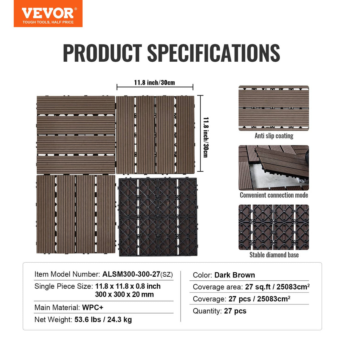 Dark brown deck tile set diagram showing interlocking pieces and anti-slip top surface