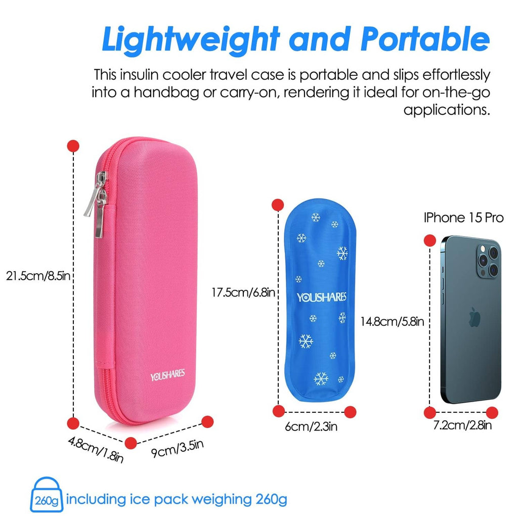 Bright pink GLP-1 travel cooler case with zip, shown with two blue ice packs