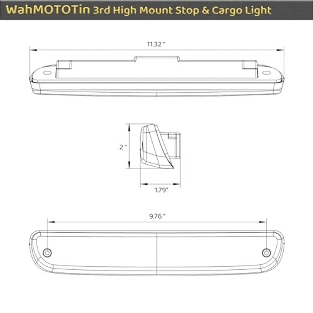 LED high mount stop brake light technical dimension diagram, side and front views