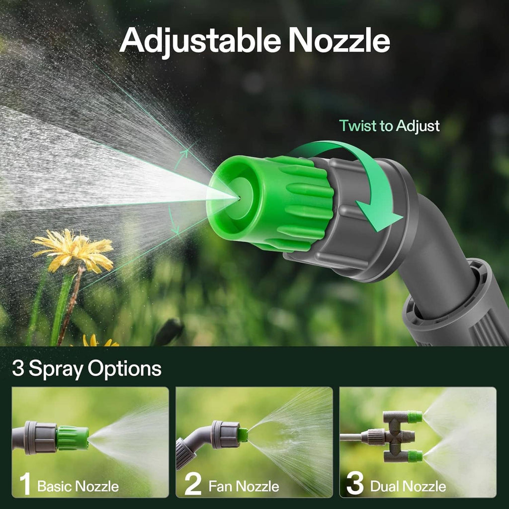 Adjustable spray nozzle on a pump sprayer, green tip on gray body