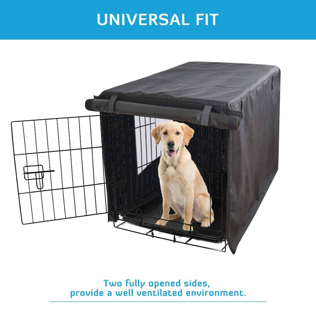 Black crate cover with two open sides and mesh window flap over a dog kennel