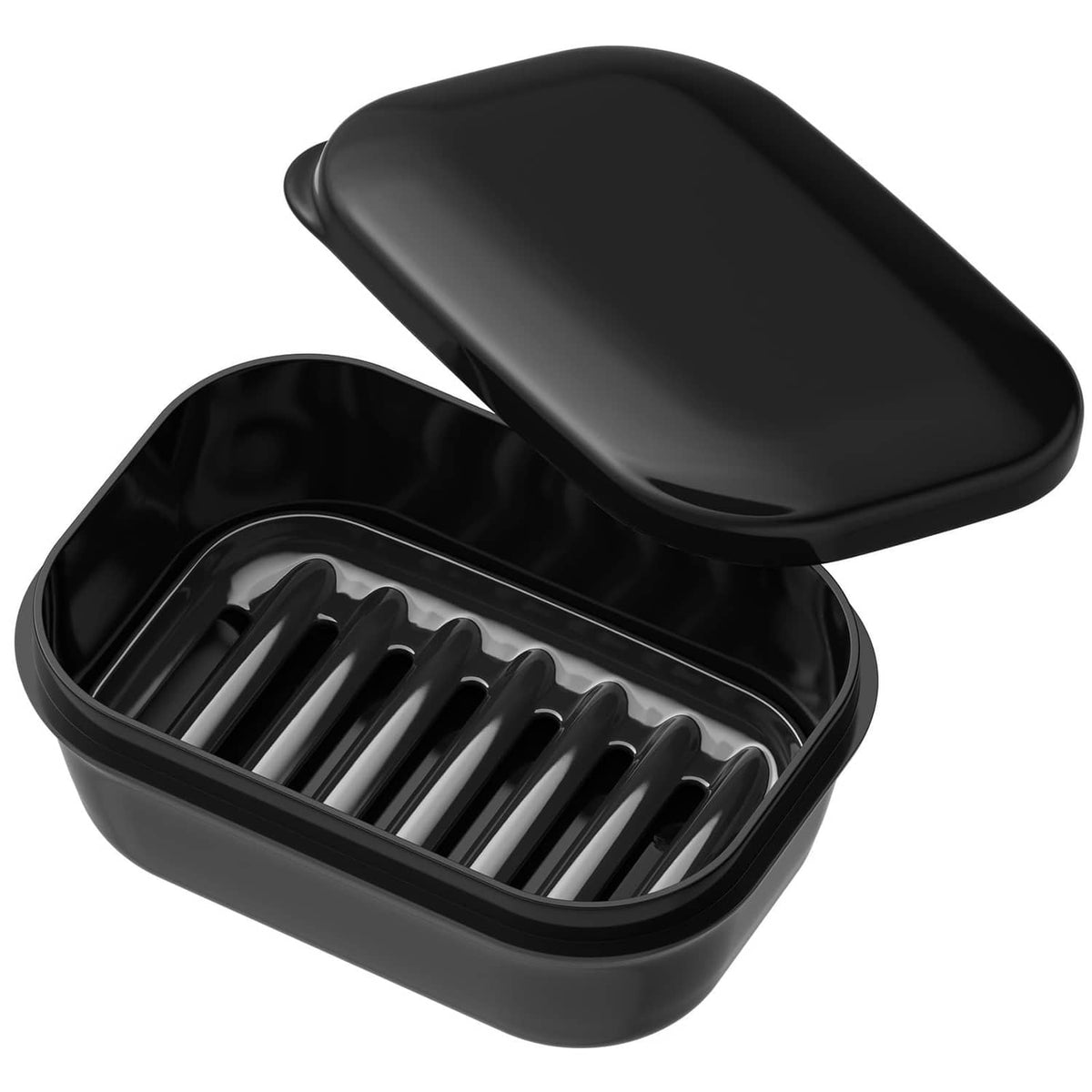 Black soap dish case with hinged lid and ridged draining tray