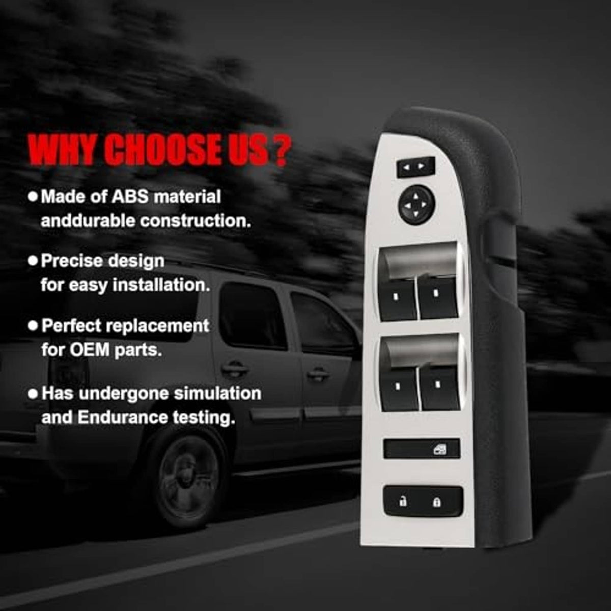 Master window switch assembly with black control cluster on a light gray bezel