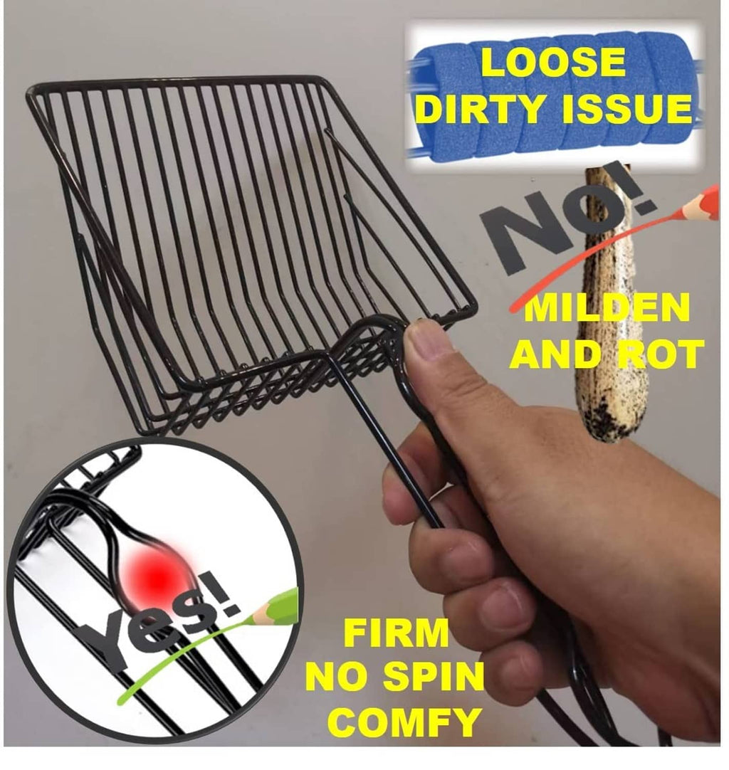 Black cat litter scoop held by hand, showing slotted basket design