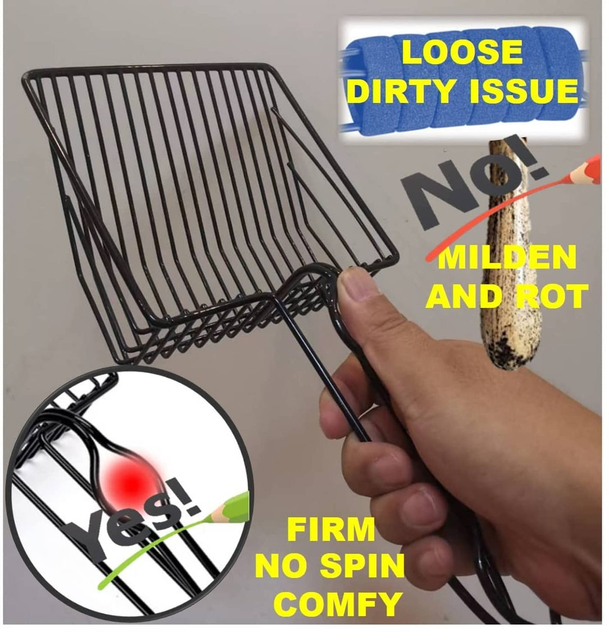 Black cat litter scoop held by hand, showing slotted basket design