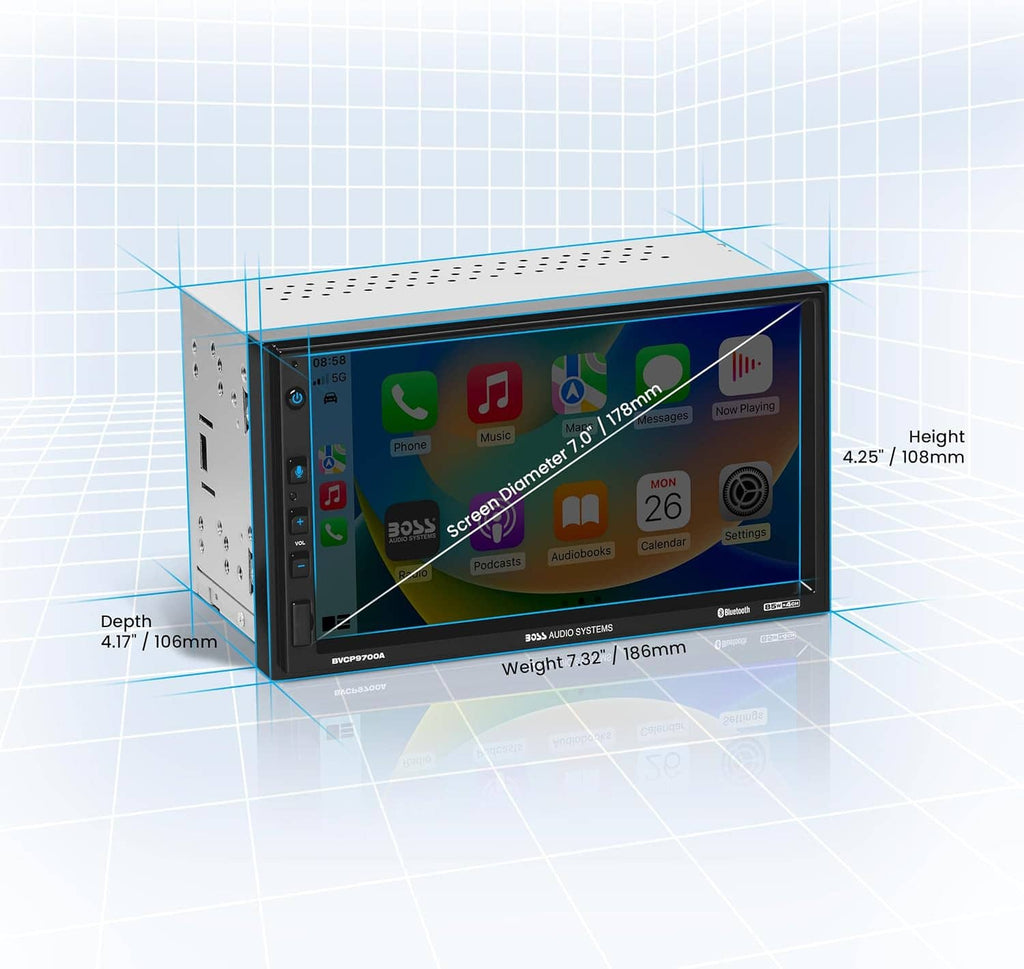 3D view of car stereo touchscreen receiver with height and depth measurement lines