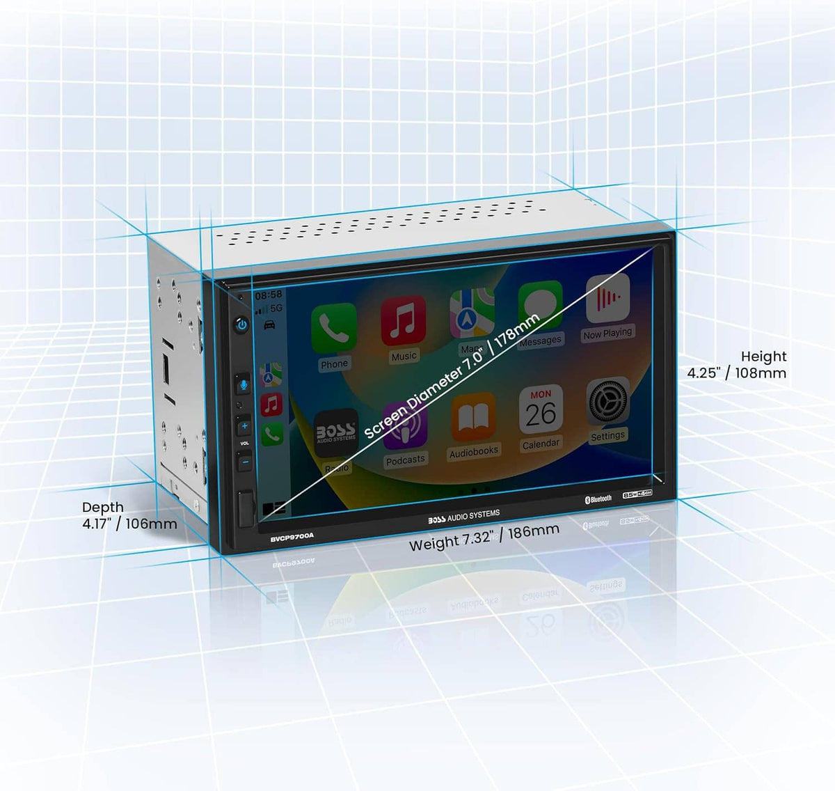 3D view of car stereo touchscreen receiver with height and depth measurement lines