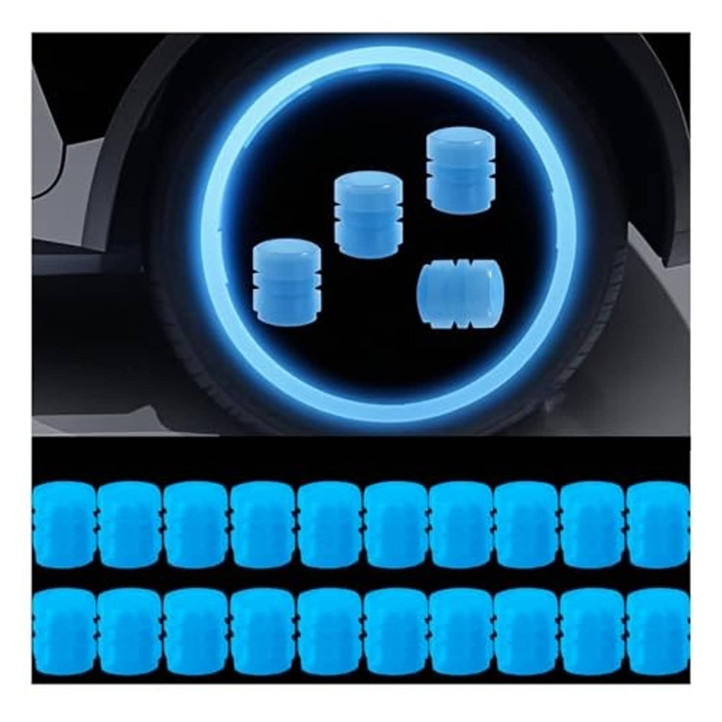 Blue glowing tire valve caps with halo light effect, multiple caps displayed near a tire