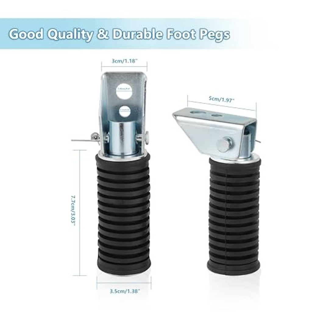 Mini bike foot peg pair with black ribbed rubber and silver metal body with bolt hole