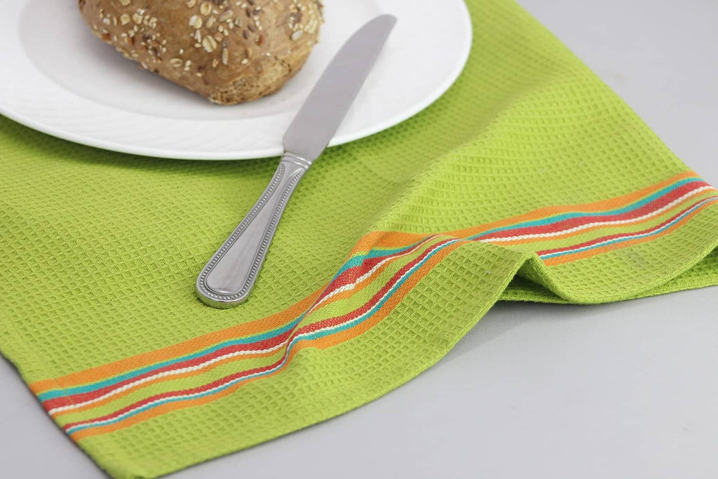 Green cotton kitchen towel with multicolor striped border