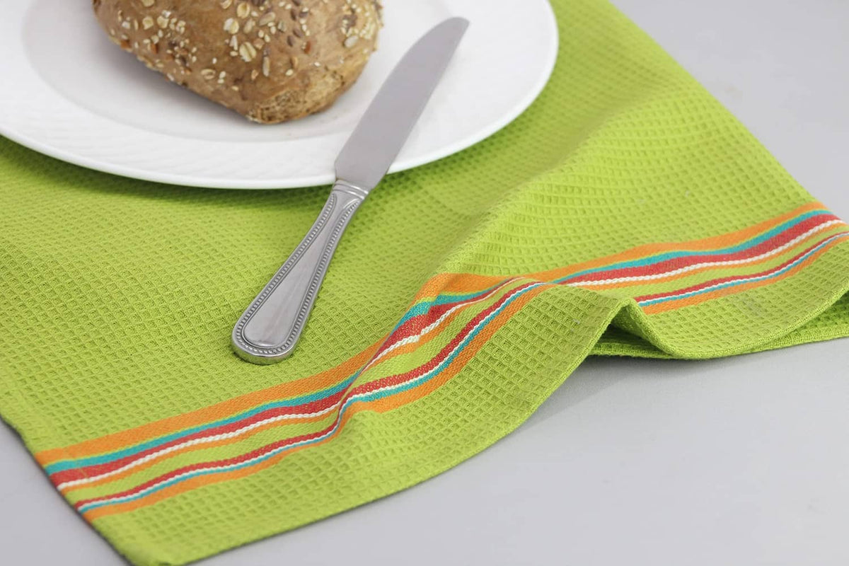 Green cotton kitchen towel with multicolor striped border