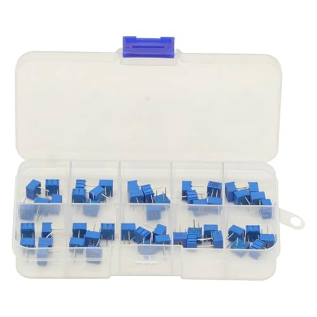 Potentiometer trimmer assortment case with blue 3-pin components visible through open lid