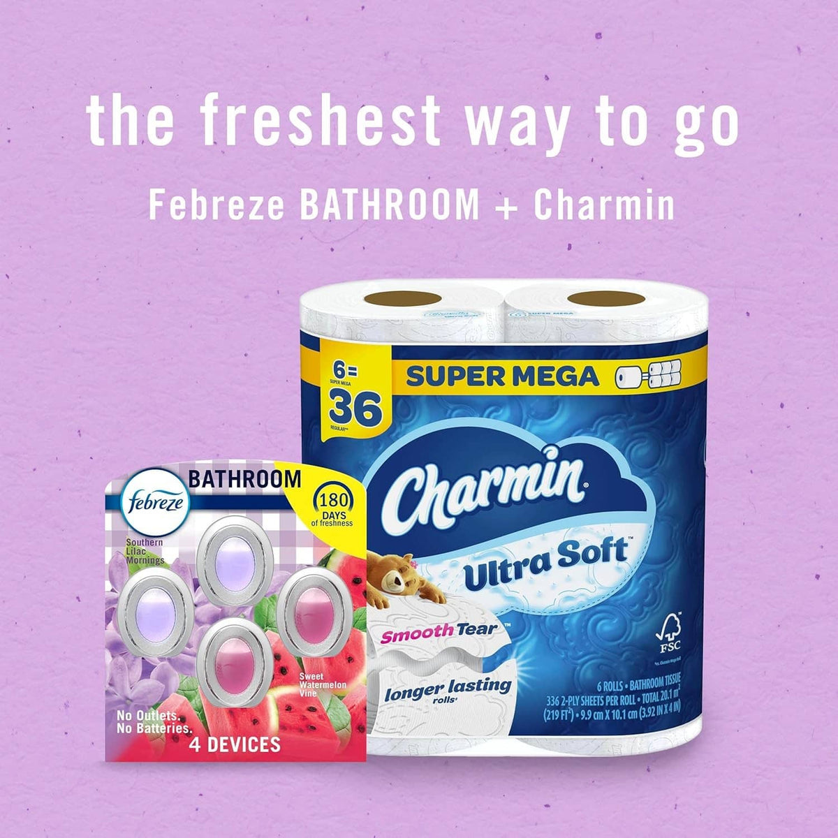 Febreze Bathroom + Charmin promo featuring Charmin Ultra Soft rolls and scent devices