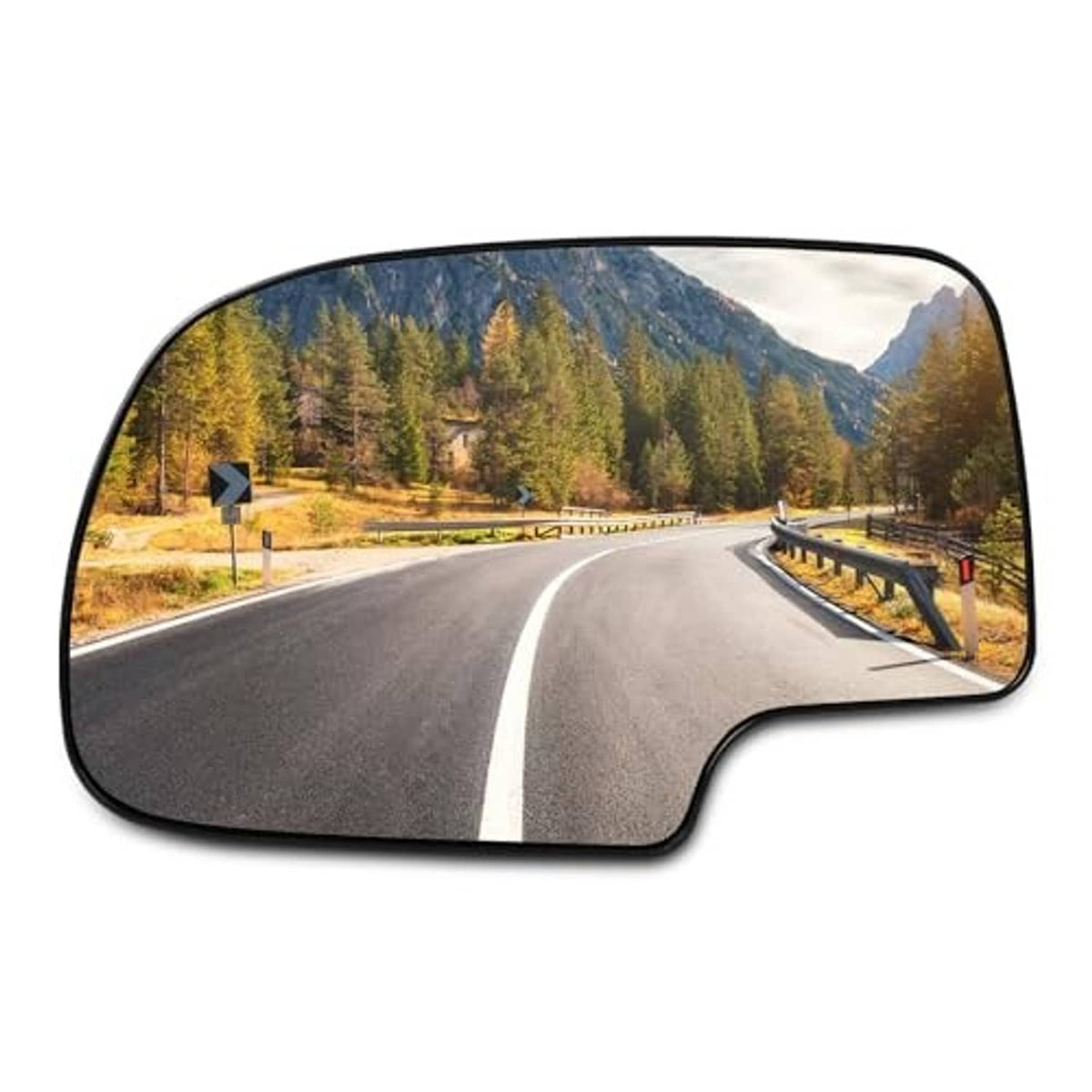 Curved driver side mirror glass insert with black border and clear reflective finish.