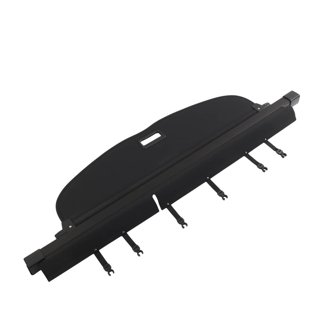Black trunk cargo cover shade with curved end panel and multiple hanging fasteners