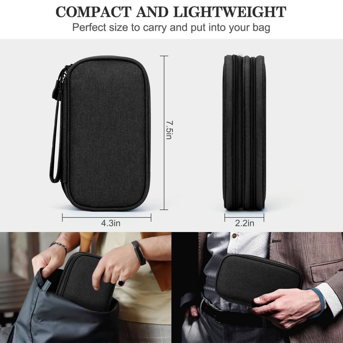 Black compact cable organizer pouch with zip closure and side profile