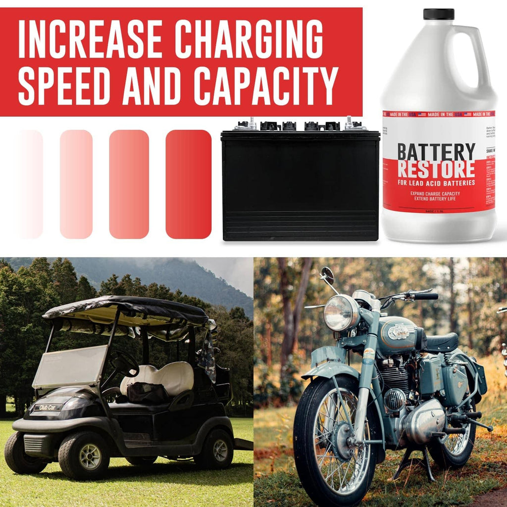 Battery desulfator solution refill jug with charging speed and capacity graphic