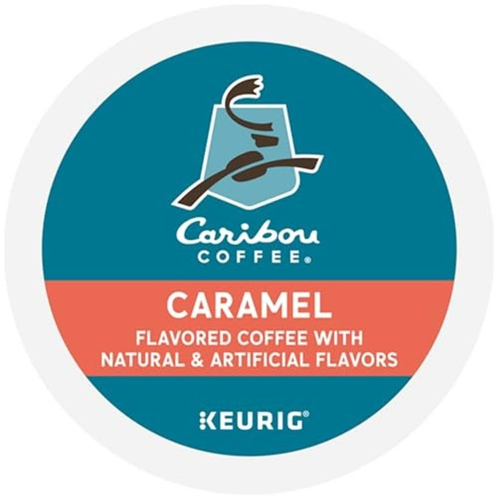 Caramel flavored K-Cup pod lid label with Caribou Coffee and KEURIG logos