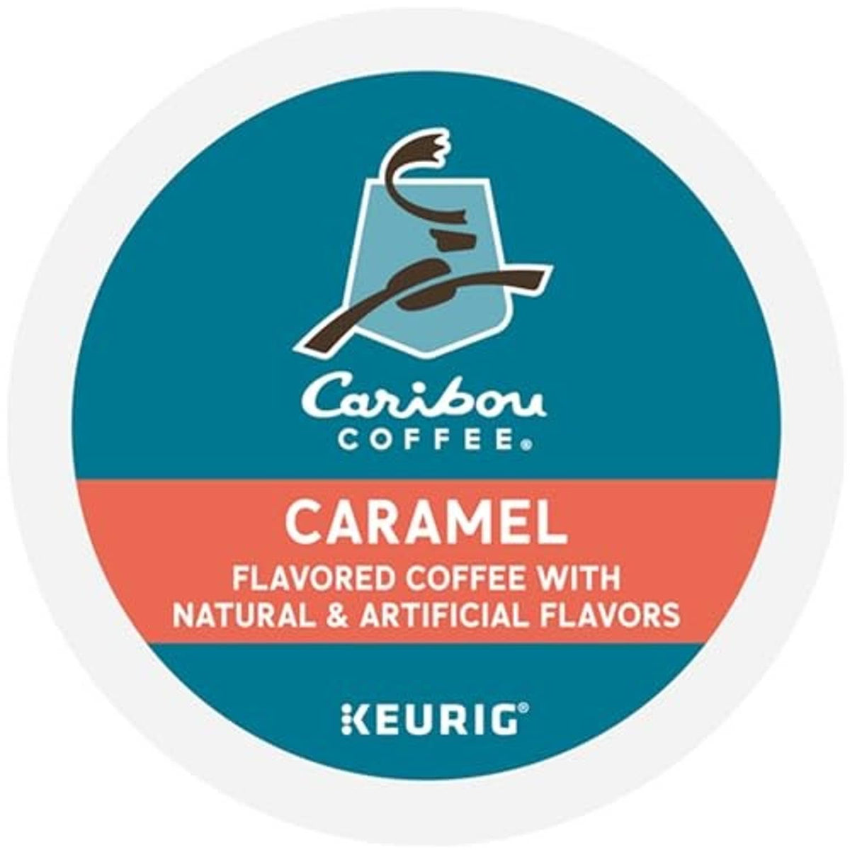 Caramel flavored K-Cup pod lid label with Caribou Coffee and KEURIG logos