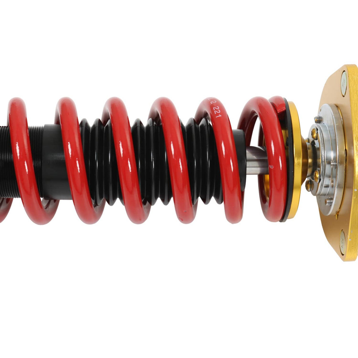 Coilover assembly showing red shock spring and black adjustment strut