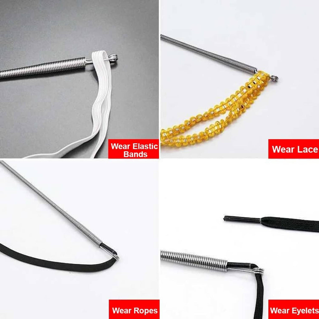 Silvery spring threader with elastic bands, lace, and rope attachment tips