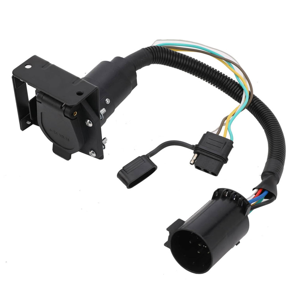 Black 7-way trailer wiring harness with USCAR plug, 4-way flat adapter, and cable