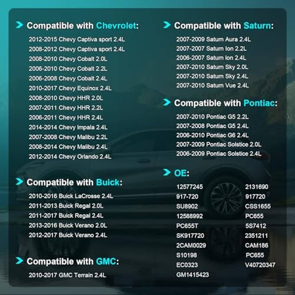 Vehicle compatibility chart graphic listing makes, models, and OE part numbers