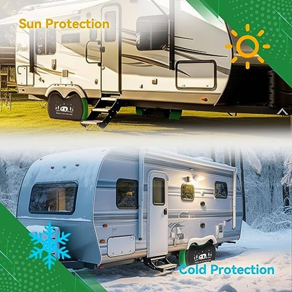 Black and green dual-axle RV tire covers with festive camper graphic, set of 2