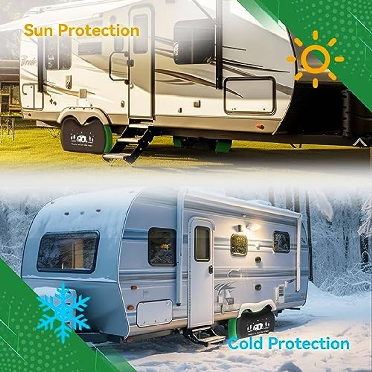 Black and green dual-axle RV tire covers with festive camper graphic, set of 2