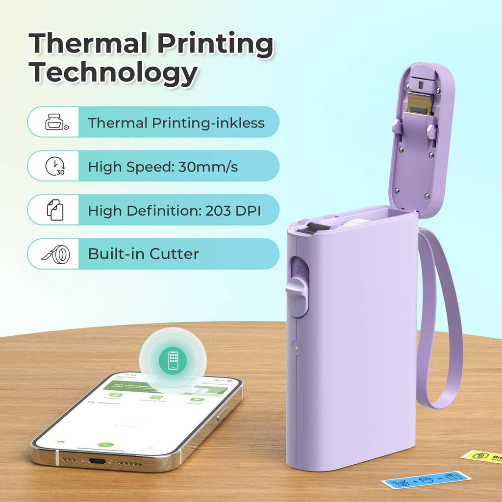 Purple label maker with built-in cutter, thermal printing icons, and high-speed details