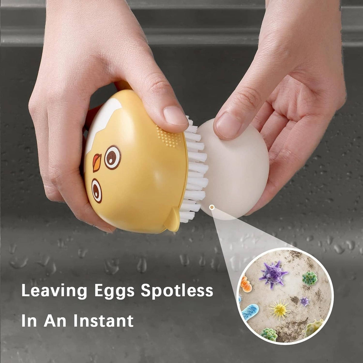 Yellow egg scrub brush with white bristles, held beside a white egg