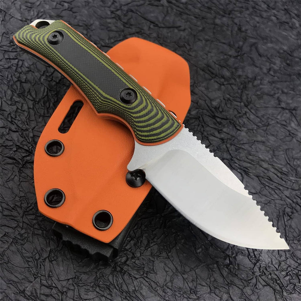 Fixed blade knife with orange sheath and green handle, curved silver blade and rivets