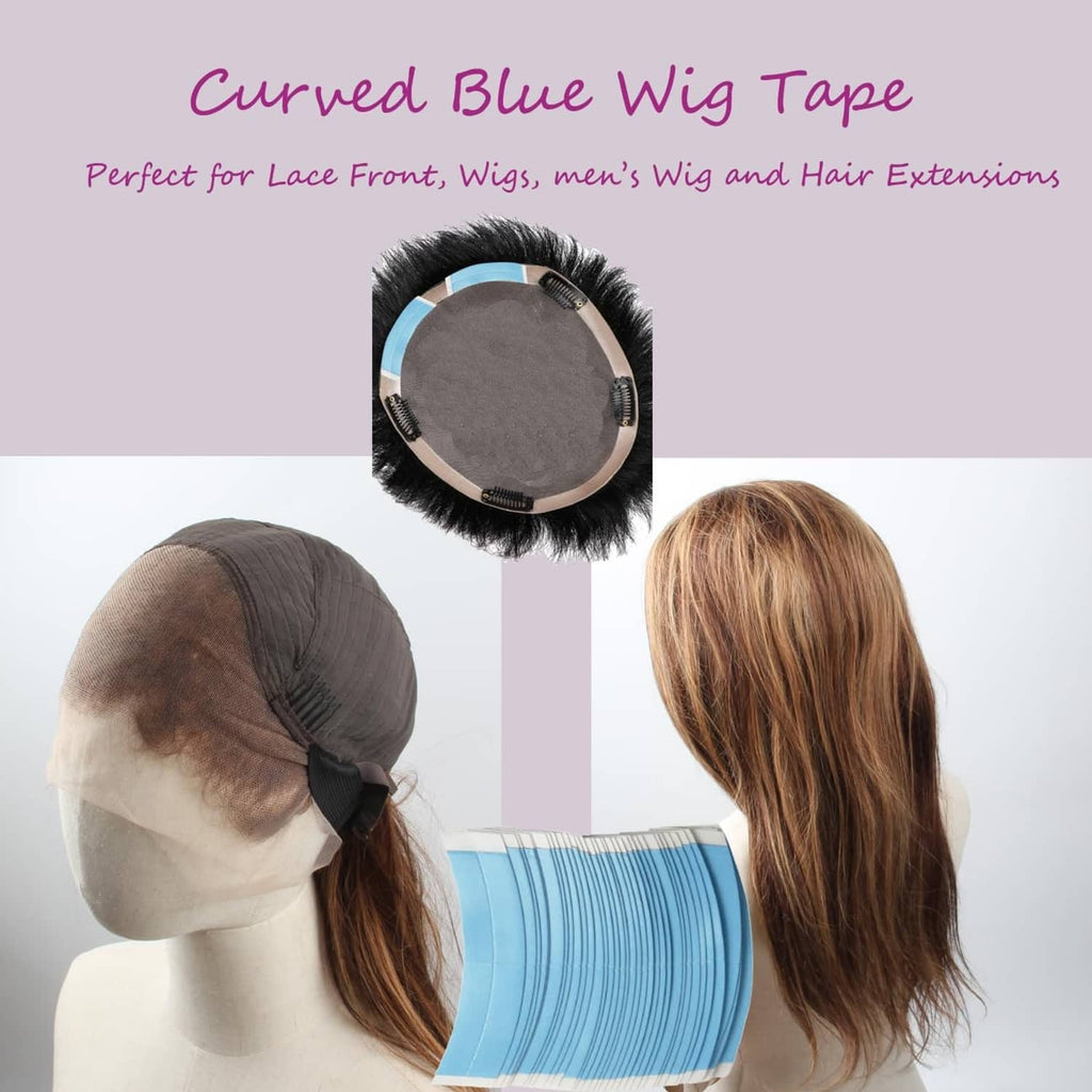 Blue curved wig tape set applied on lace wig cap and hairpiece