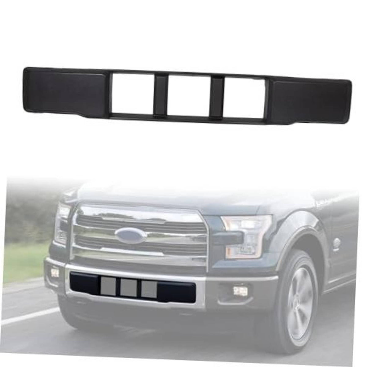 Black front lower grille trim panel with four vertical bars for pickup bumper