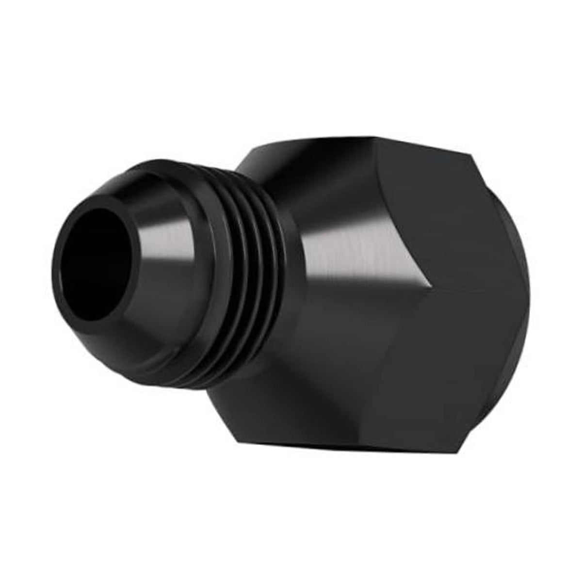 Black AN hose reducer fitting with hex body; female inner port and male threads.