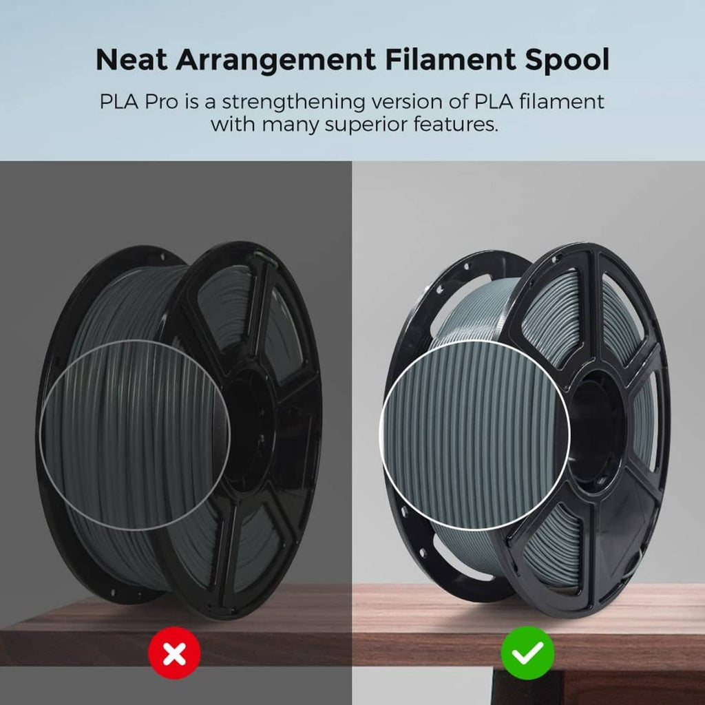 Grey PLA filament spools showing neat winding versus messy winding