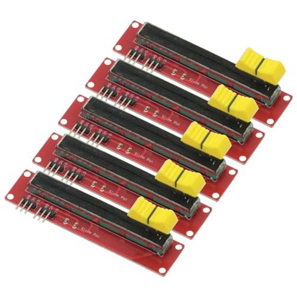 Five slide potentiometer modules with red PCB and yellow slider knobs, black resistive tracks