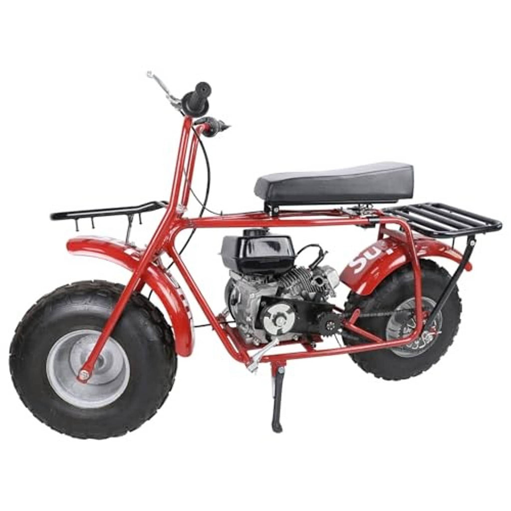 Red mini dirt bike with front wheel sprocket and chain assembly