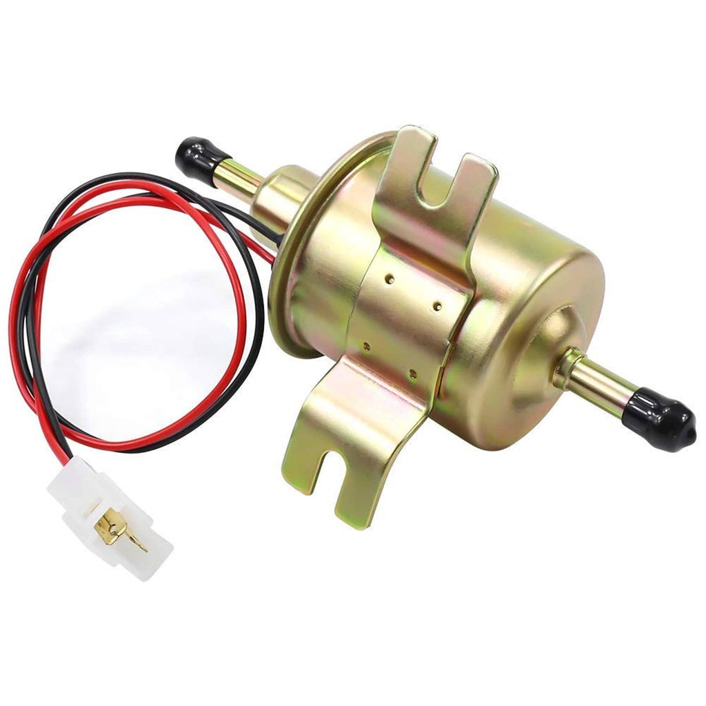 12V electric fuel pump, gold metal body with mounting feet and two black terminals, wires attached