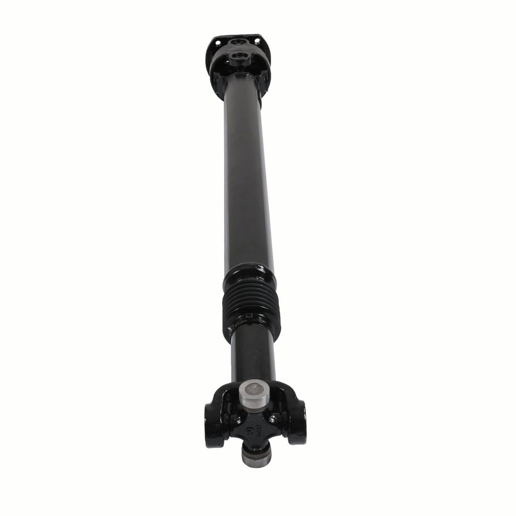 Front driveshaft prop shaft with black tube, ribbed sleeve, and joint housing