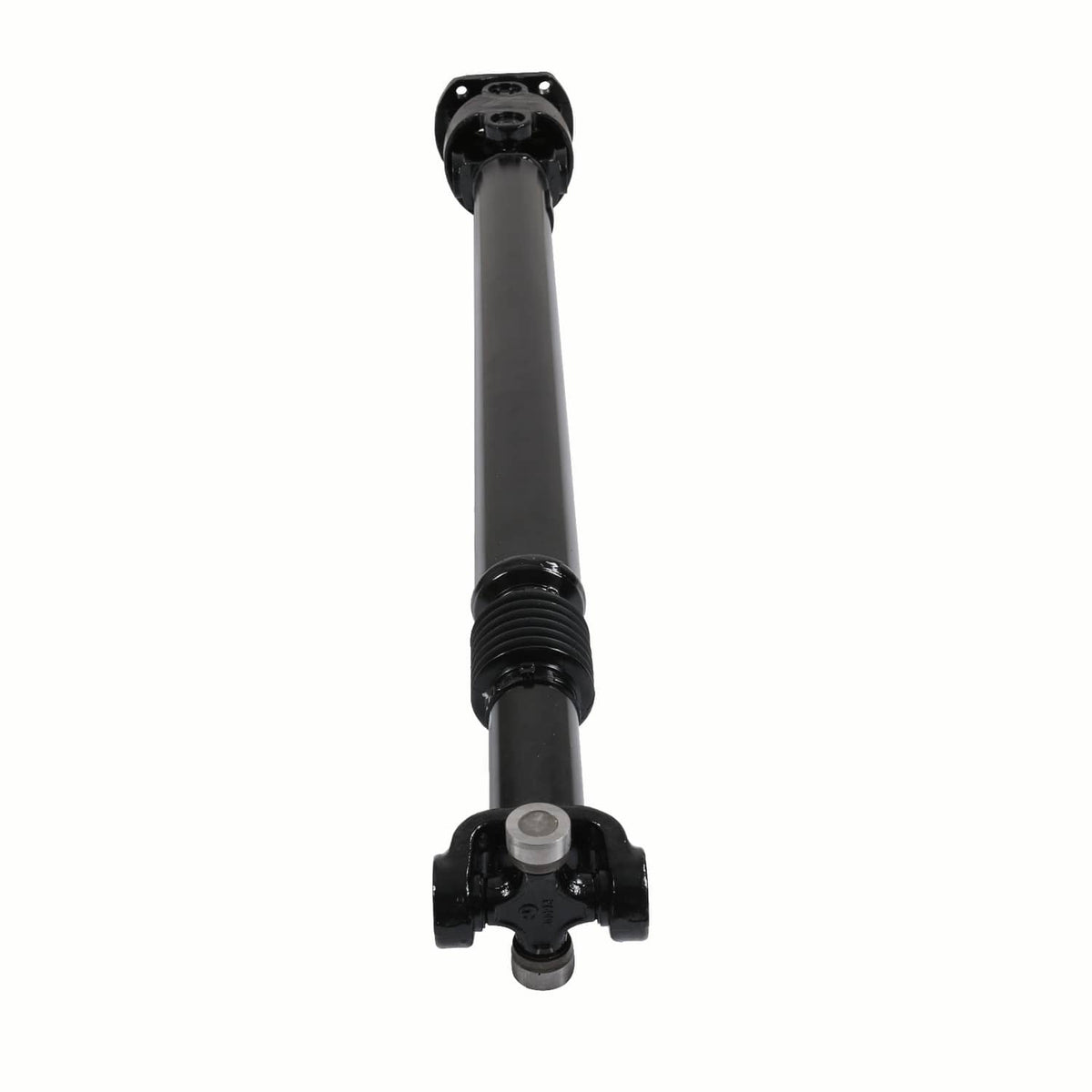 Front driveshaft prop shaft with black tube, ribbed sleeve, and joint housing