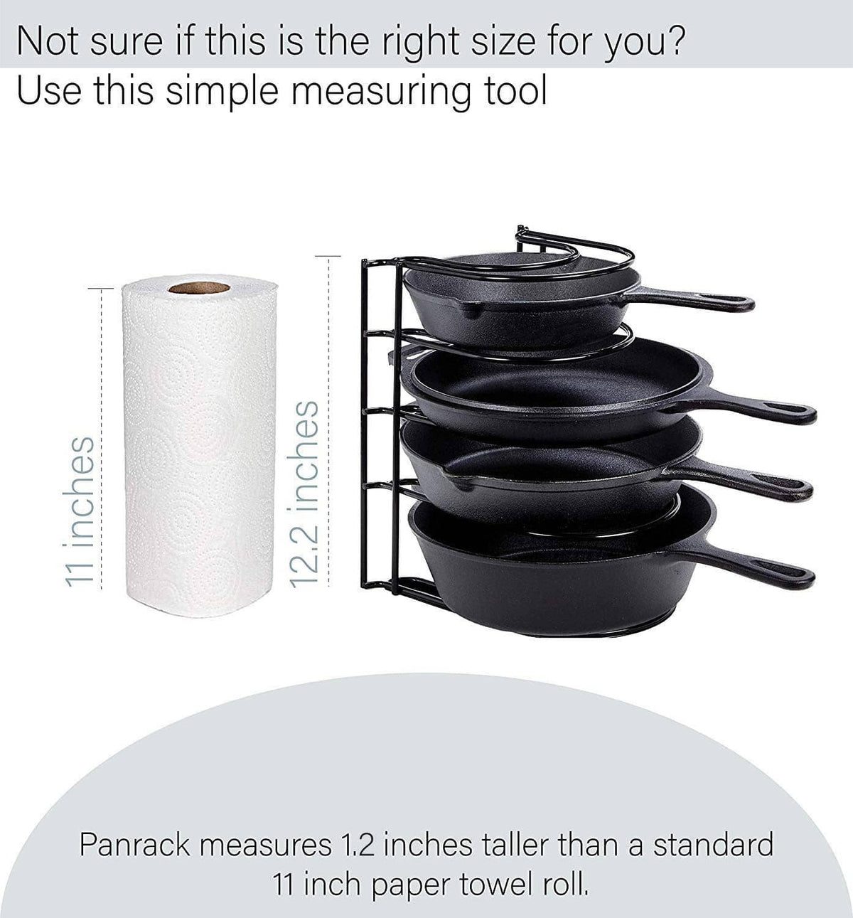 Black pan rack with multiple pans plus roll measuring tool for size comparison