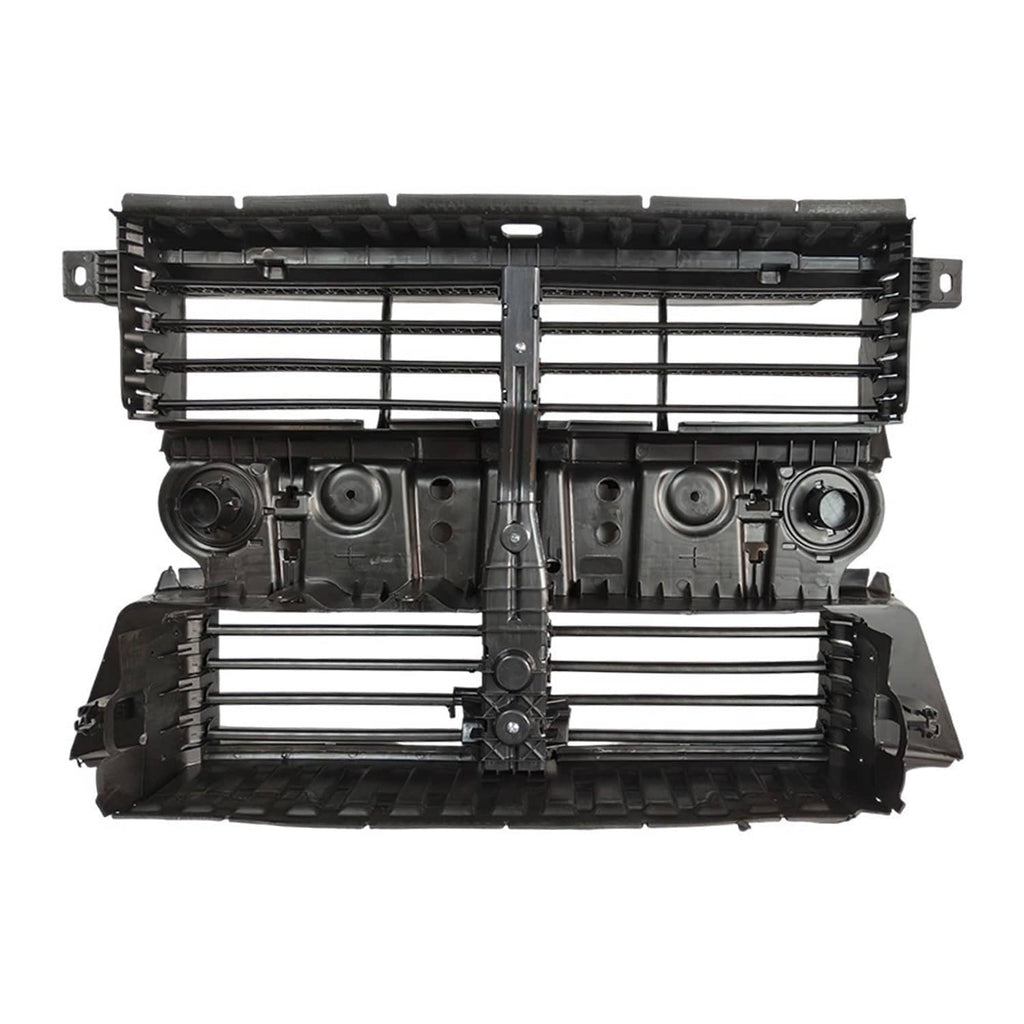 Front grille shutter assembly with motor, front view showing black slats and round vents