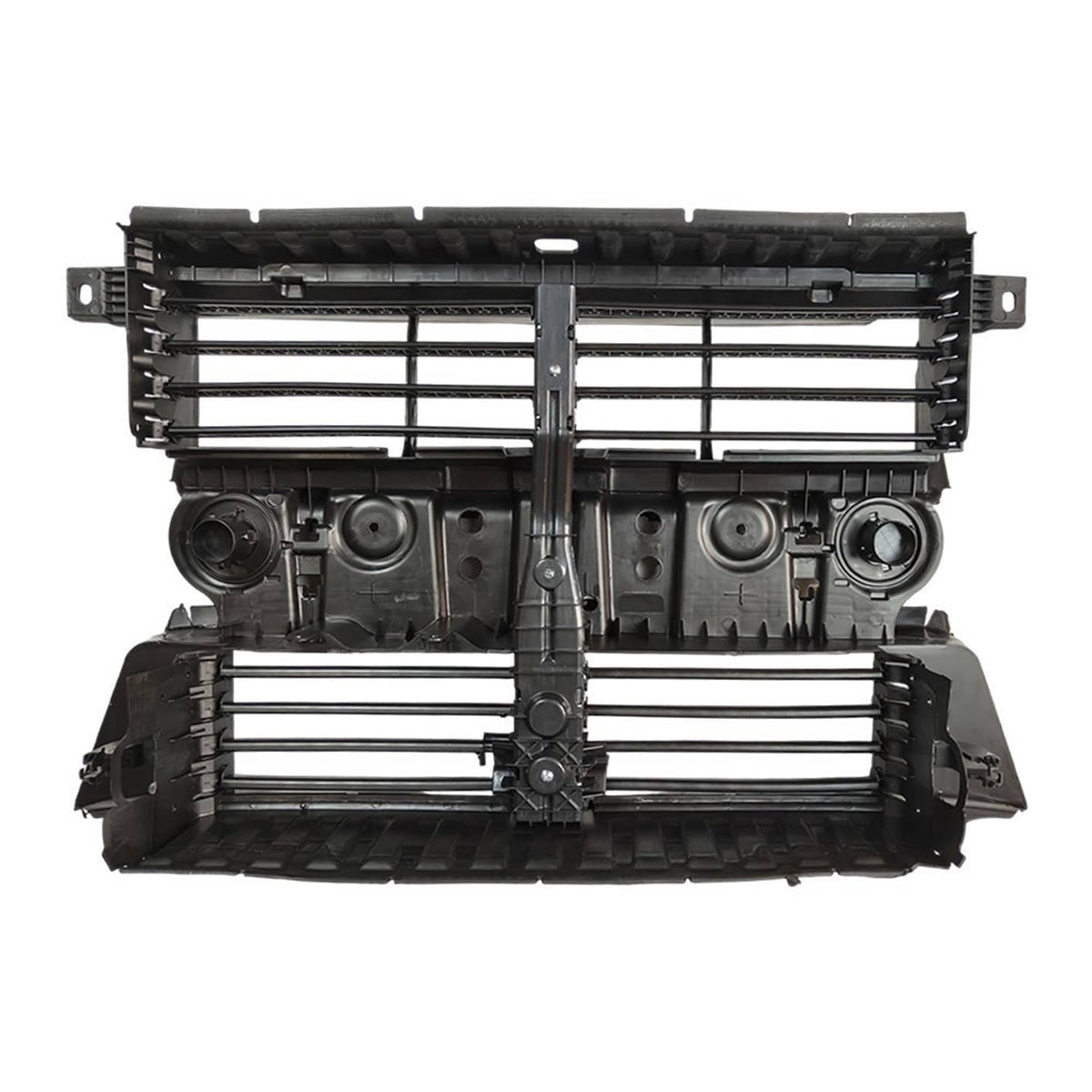 Front grille shutter assembly with motor, front view showing black slats and round vents