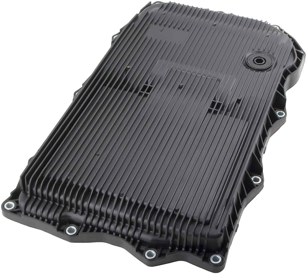 Black automatic transmission oil pan with ribbed fins and mounting holes, angled view