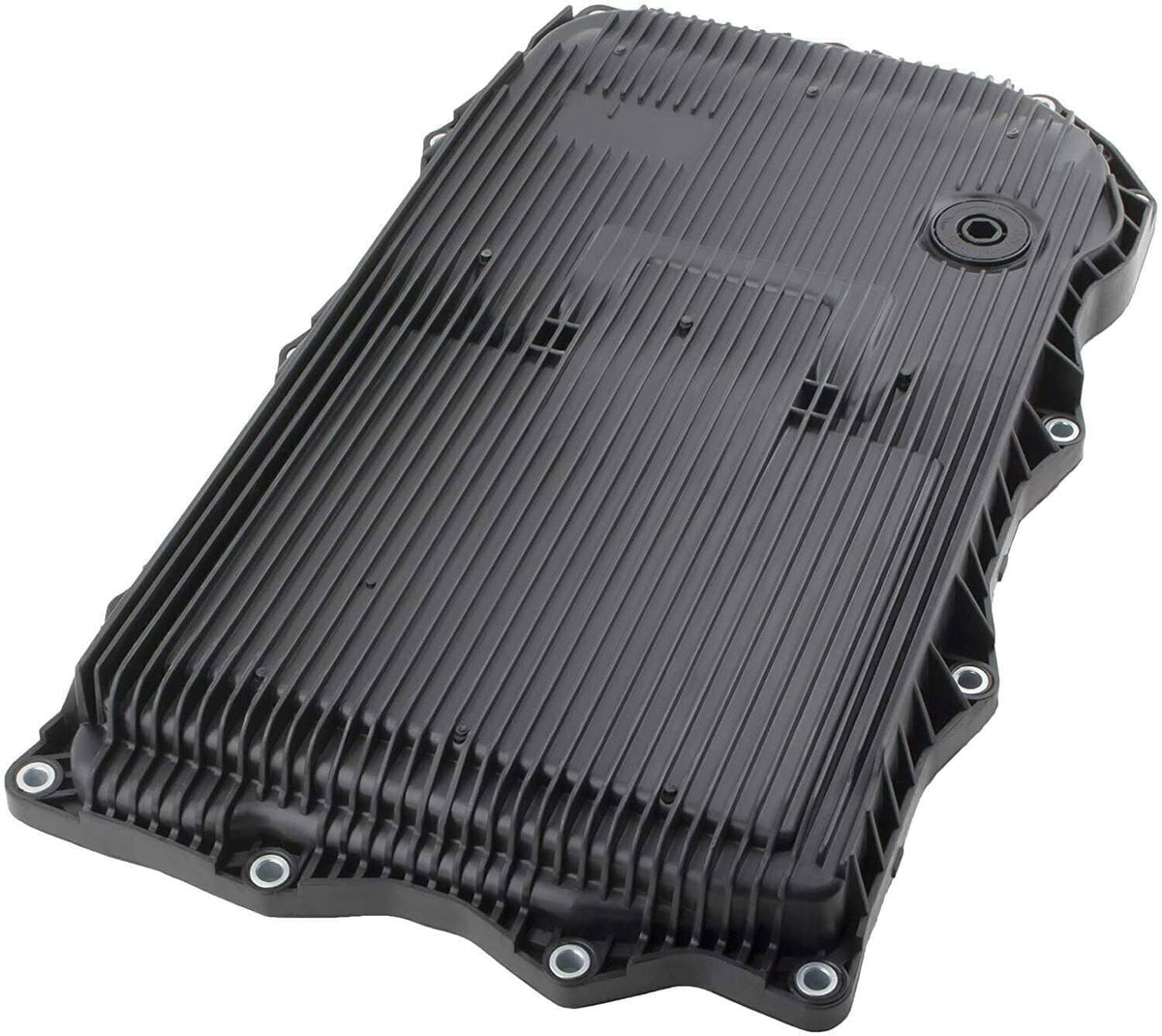 Black automatic transmission oil pan with ribbed fins and mounting holes, angled view