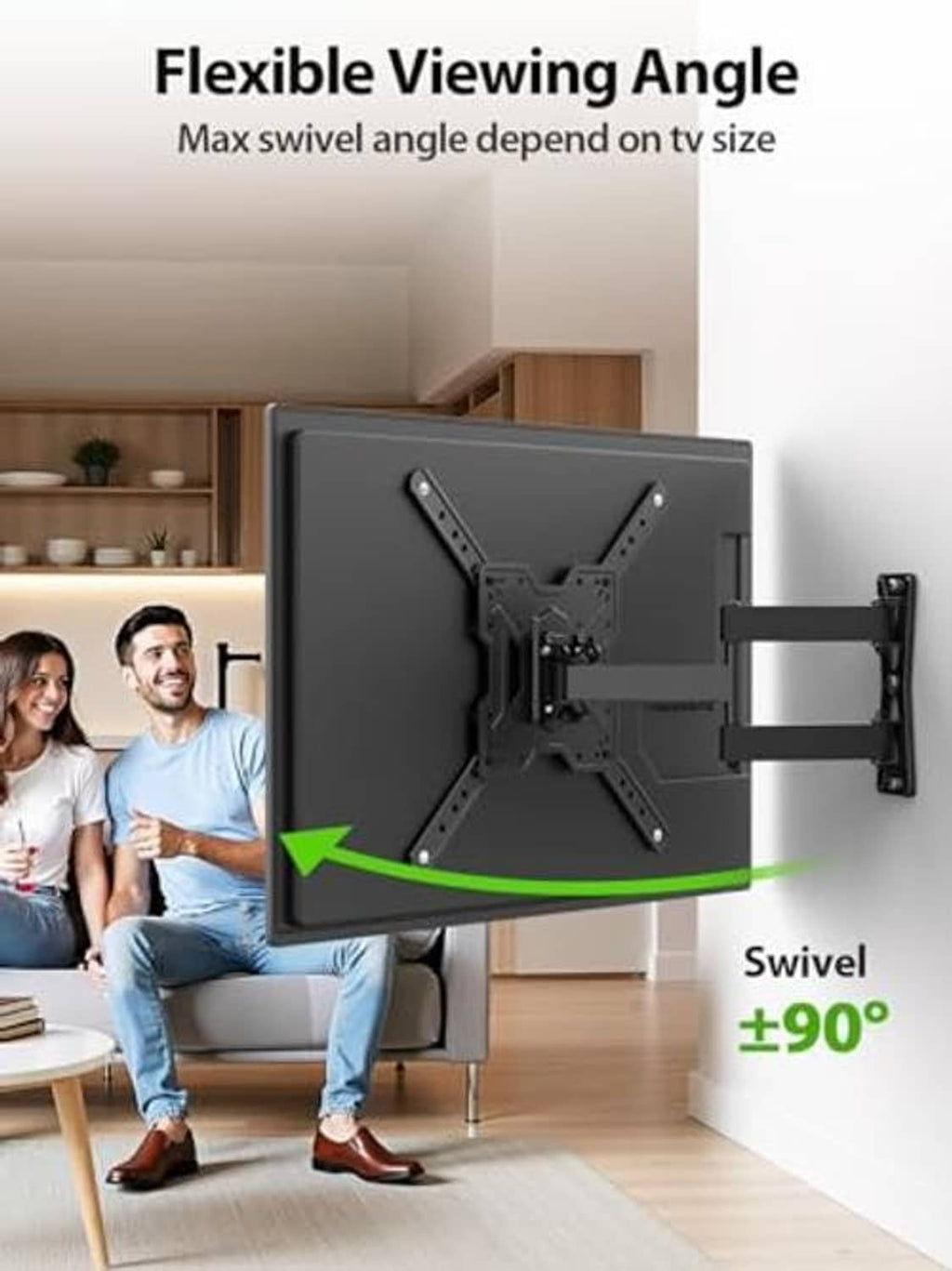 Black full-motion TV wall mount with swivel viewing angle on wall