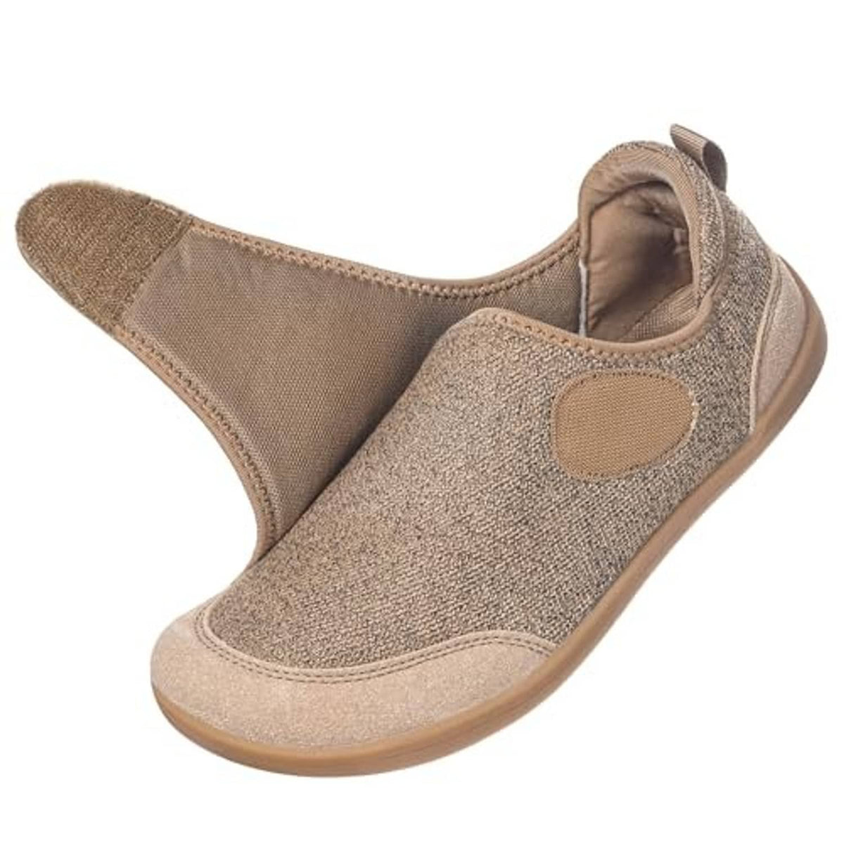Men's beige slip-on slippers with hook-and-loop strap and round side patch