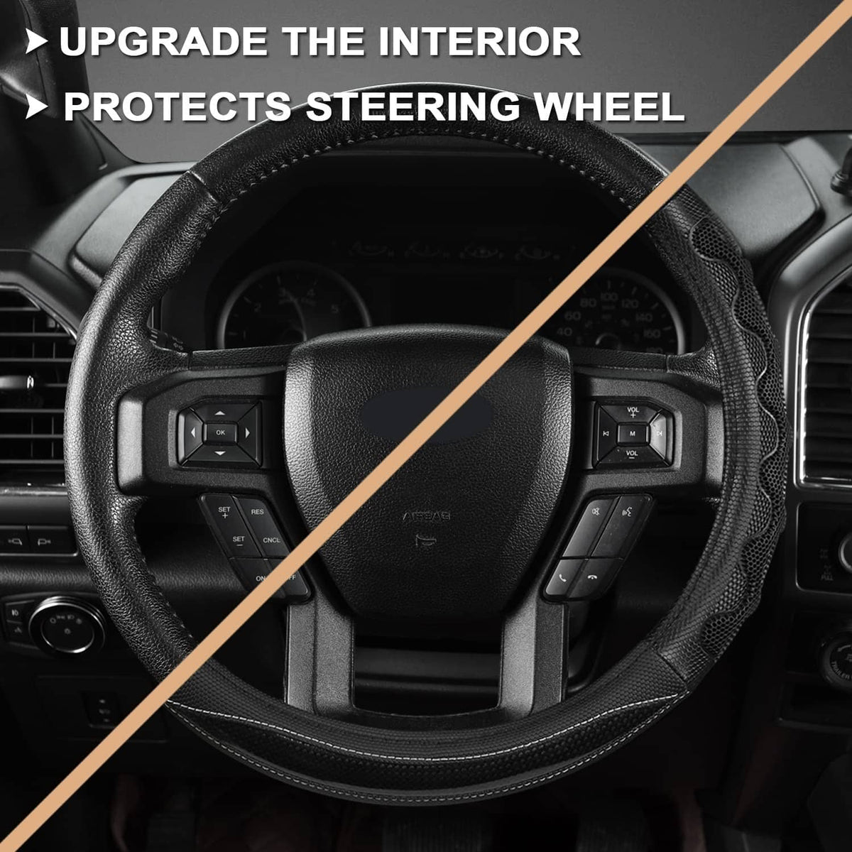 Black steering wheel cover with mesh side texture and protective cushioned rim
